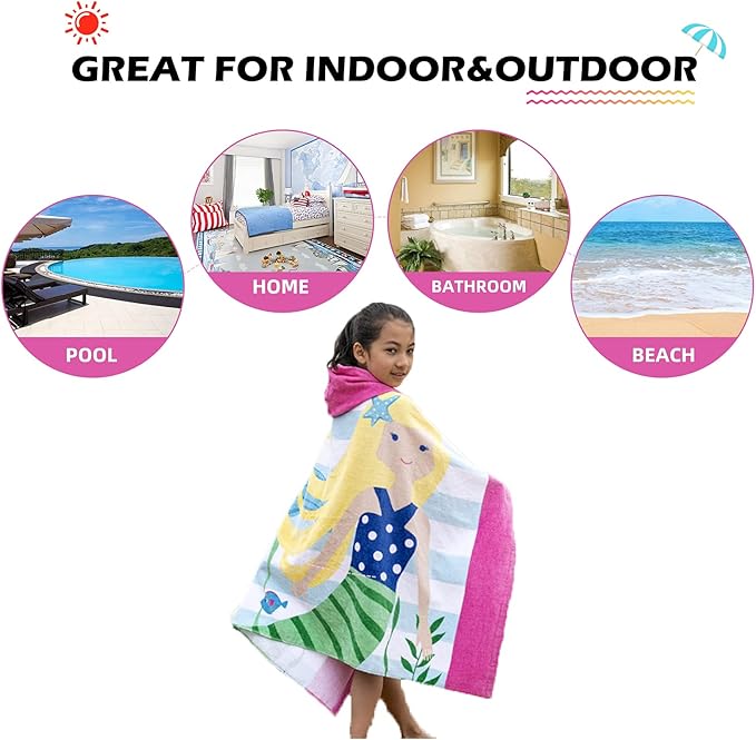 Hooded Towel for Kids, 100% Cotton Soft and Absorbent, Pool Bath Beach Swim Towel Wrap, Bathrobe Coverups for Girls and Boys, Extra Large:30"×50"(Yellow Hair Mermaid)