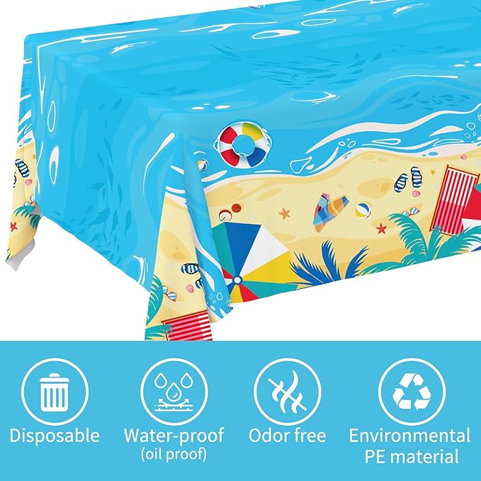Beach Theme Party Supplies Summer Pool Disposable Tablecloth Plastic Waterproof Table Cover for Hawaiian Party Birthday Decorations, 3 Pack 54X108inch