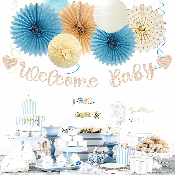 Light-Dusty Blue Boho Baby Shower Party-Decorations - 21pcs Beige Champagne Boy Neutral Welcome Baby Banner Decor,Paper Lanterns Pom Poms Fan Supplies,Streamers Garland Wall Backdrop Favors Huglony