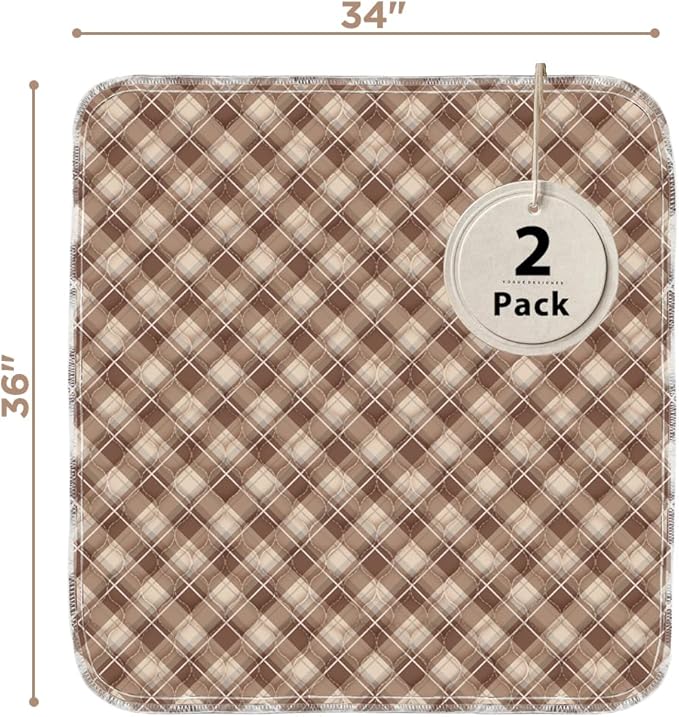 Non-Slip Bed Pads for Incontinence Washable (34" x 36"|2 Pack), Waterproof Bed Pads, Brown Grid, Bed Wetting Pads for Bed, Sofa, Floor, Resuable Underpads for Adults, Seniors, Pet
