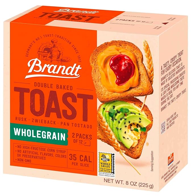 Brandt Toast, Zwieback, Rusk, Double Baked, 8 Ounces (pack of 2, Whole Grain)