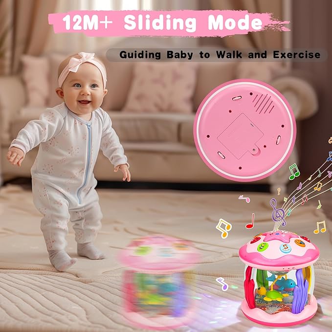 Hapyland Baby Toys 6-12 Months Girl Gifts: Babies Ocean Rotating Light Up Musical Toys for Toddlers 1 2 Year Old Crawling Learning Infant Toy 6 7 8 9 10 11 12 Months Old Baby Girl Gift (Pink)