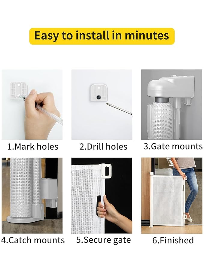 Retractable Baby Gate for Stairs – 33” Height, Expands up to 71” Width – Safety Gate for Infants, Toddlers, Dogs & Pets – Easy Install, Secure Closure, White Mesh Design for Indoor & Outdoor Use