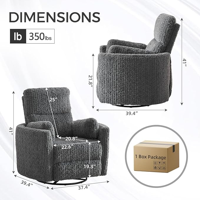 Power Swivel Glider Rocking Recliner Nursery Chair with 2 Pillows, Electric Rocker Reclining Chairs with Type-C & USB Charger Port for Living Room, High Back Barrel Armchair for Bedroom, Grey