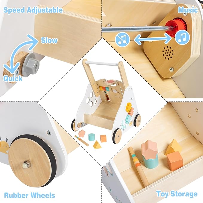 Wooden Baby Walker - Baby Push Walker with Music Box - Toddler Walker Push Toy with Adjustable Speed - Learning Activity Walker - Activity Center for Babies Boys and Girls