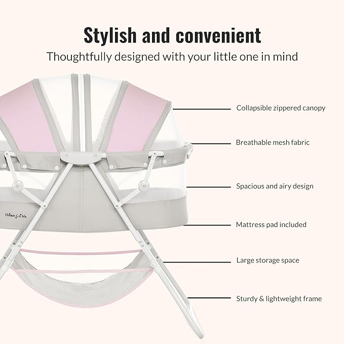 Dream On Me Karley Baby Bassinet in Grey and Pink, Lightweight Portable, Quick Fold and Easy to Carry , Adjustable Double Canopy, Indoor and Outdoor with Large Storage Basket.