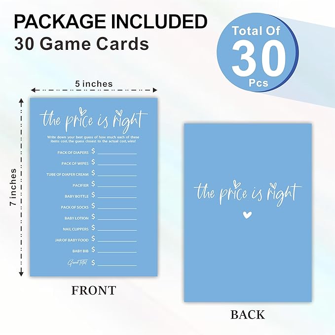 The Price Is Right - Baby Shower Game Cards - Minimalism Blue - 30 Double-Sided Fill In Style Game Cards For Gender Reveal, Baby Announcement, Party Games & Activity - C10