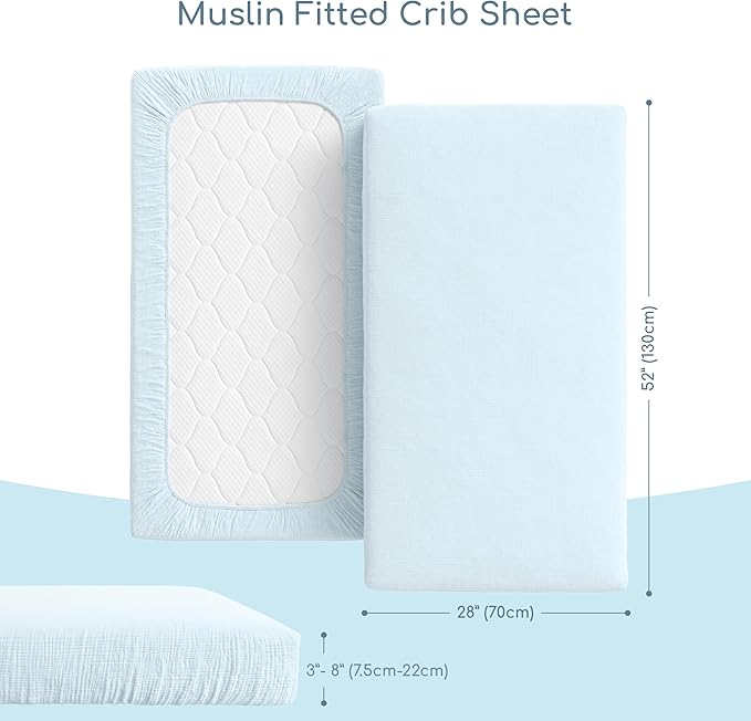 Muslin Crib Sheets, 100% Organic Cotton, Breathable and Ultra-Soft, Standard Crib Sheet Mattress (28"x 52") for Girls and Boys, Neutral Fitted Baby Crib Sheet (Light Blue)