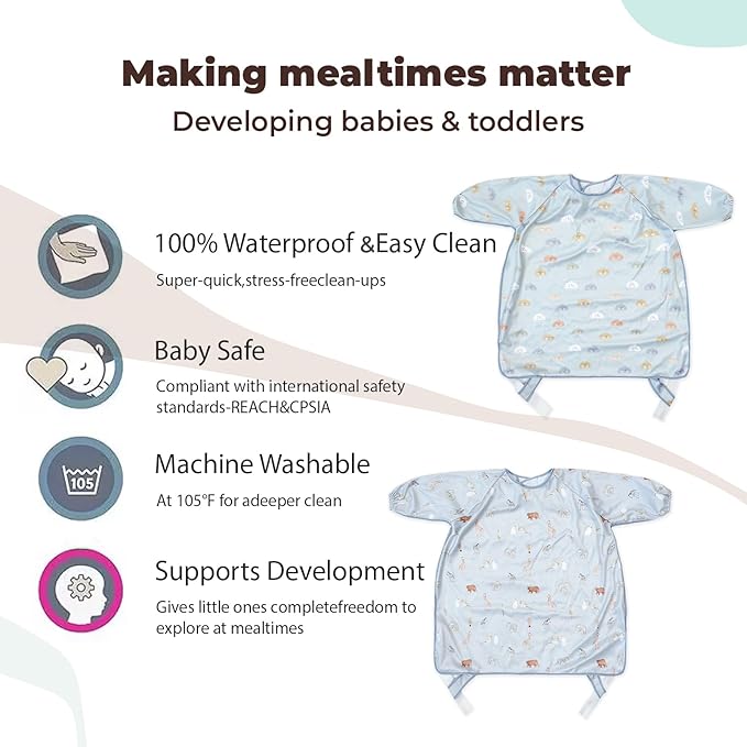 Long Sleeve Baby Bib-Mess Proof Baby Feeding Bibs with Adjustable Design for Babies during Eating or Highchair