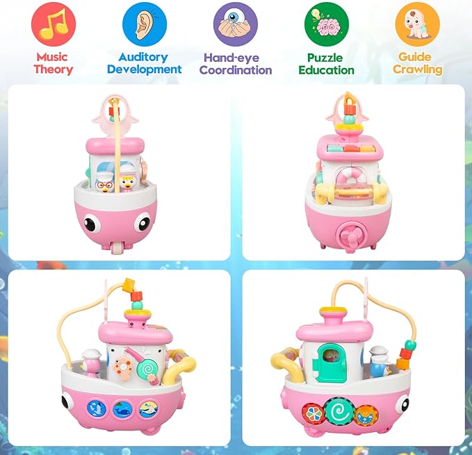Toys for 1+ Year Old Girls - Baby Toys Crawling Boat with Music and Sound, 9-in-1 Baby Musical Toys 18+ Months Age, First Christmas 1st Birthday Gifts for 1+ Year Old