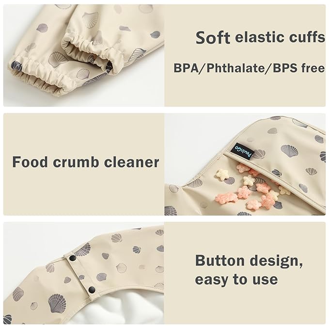 Baby Bib with Long Sleeves Bib & BLW, Machine Washable & Soft and Skin-Friendly Material, Coverall Bibs for Baby Feeding, Waterproof and Easy to Clean, for Baby Infant Toddlers (Beige)