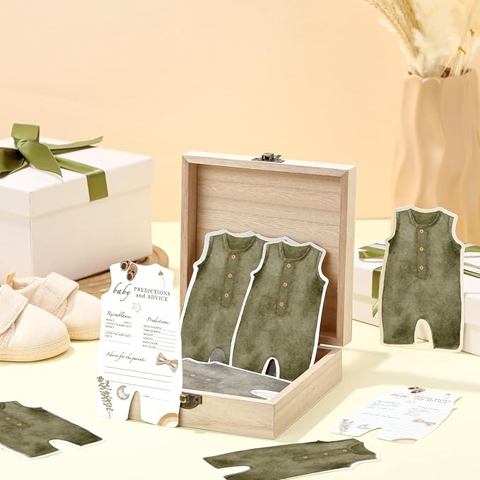 50 Pcs Double Side Green Cloth Baby Predictions & Advice Neutral Boy Cards for New Parents Baby Shower Games with Cards Wooden Keepsake Box for Wishes Decorations