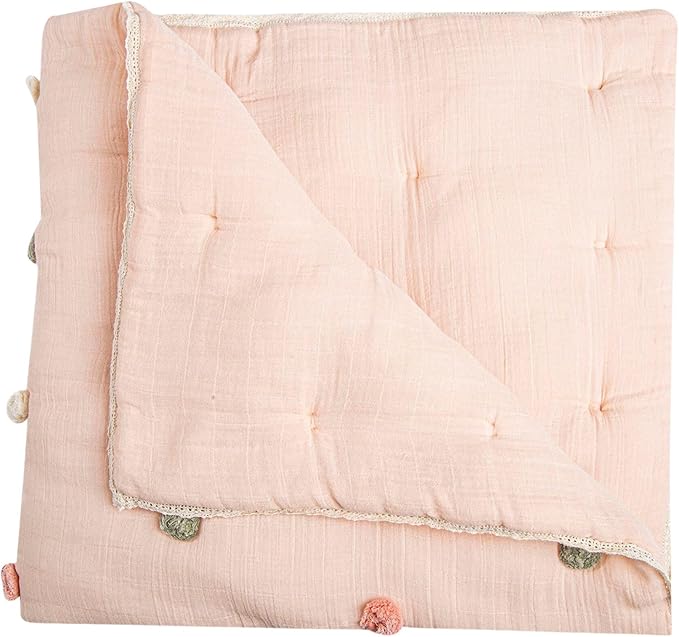 Crane Baby Soft Cotton Muslin Nursery Blanket with Pom Pom Trim, 36" X 36", Stroller Blanket for Girls, Pink Nursery Decor, for Girls, 100% Cotton, Polka Dot