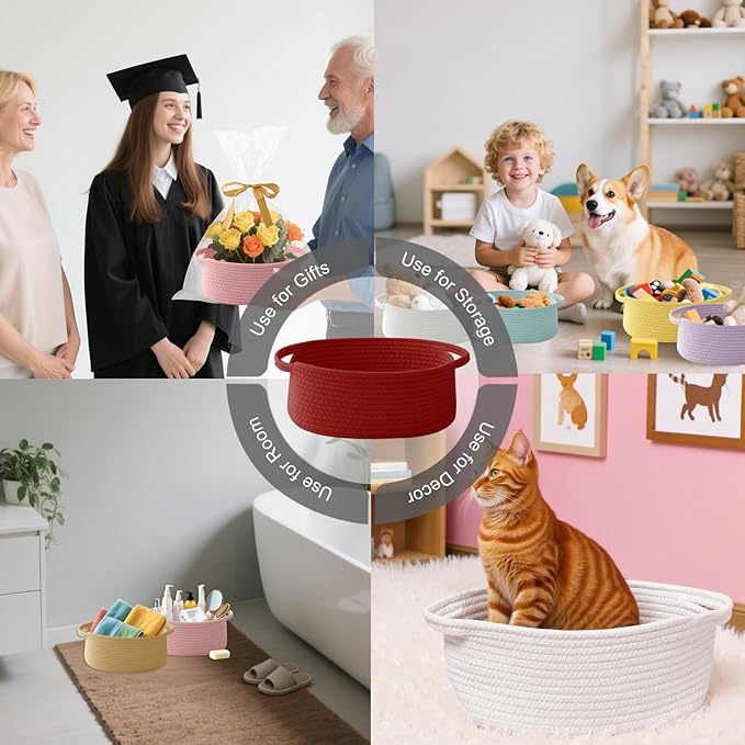 Gift Basket with Gift Bag and Ribbons,Small Rope Woven Shelf Storage,Baskets for Gifts Empty,Birthday,Shower,Decorative Organizer Box for Cat Dog Pet with Handles(Red)