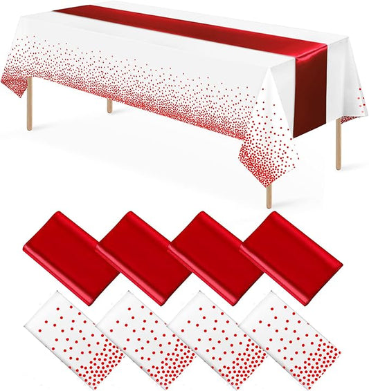 8Pack Disposable Plastic Tablecloths and Satin Table Runner Set White and Red Dot Tablecloth Red Satin Table Runner for Wedding Birthday Baby Shower Anniversary Christmas New Year Party Supplies