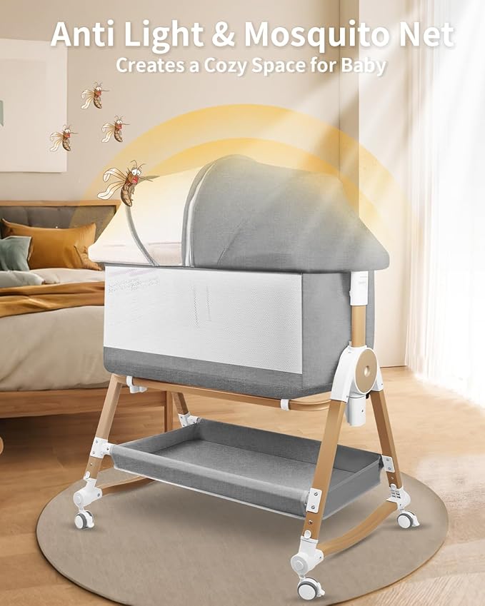 4 in 1 Baby Bassinet, Bassinets Bedside Sleeper with Wheels and Storage Basket, Adjustable 7 Heights Bedside Sleeper with Mosquito Net, Breathable Mesh Rocking Bassinet for Baby (Grey)