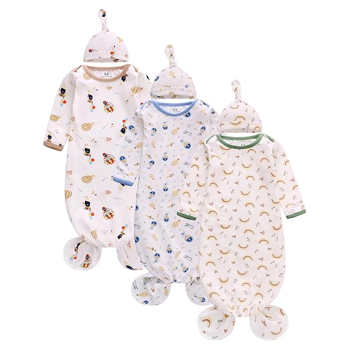 Miracle Baby Newborn Knotted Nightgown Long Sleeve with Matching Hat Set 3 Pack, Unisex Baby Sleeper Gowns Coming Home Outfits Set with Mitten Cuffs for Boys Girls 3-6 Months
