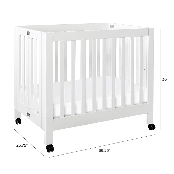 Babyletto Origami Mini Portable Crib Folding with Wheels in White, 2 Adjustable Mattress Positions, Greenguard Gold Certified