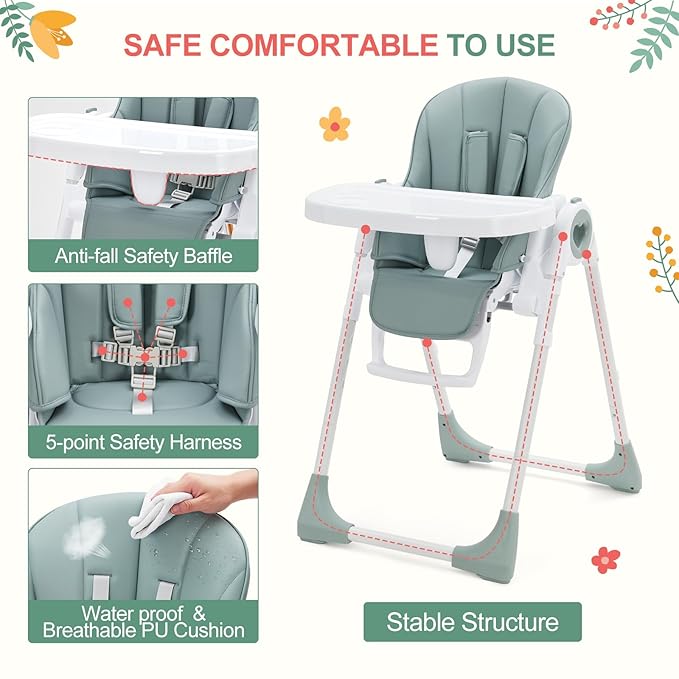 Baby High Chair for Toddlers 1-3 Years Old, Foldable Baby High Chair with Removable Tray, Lightweight Folding Chair with 5-Point Safety Harness, Multiple Recline Positions & Compact Design