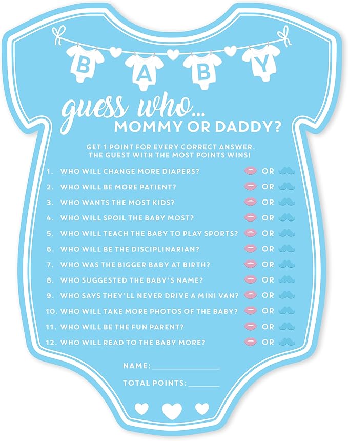 Party Hearty Baby Shower Games for Boy, 50 pcs Blue Mommy or Daddy Guess Who Game, Fun Activity Cards, Baby Shower Ideas