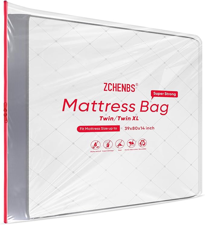 ZCHENBS® – Mattress Bags for Moving and Storage,Mattress Bag with Zippers,5 Mil Ultra-Thick Bed Bag,Waterproof,Anti-Tear,Heavy-Duty Mattress bag (Transaparent/Red, Twin/Twin XL-(1 Pack))