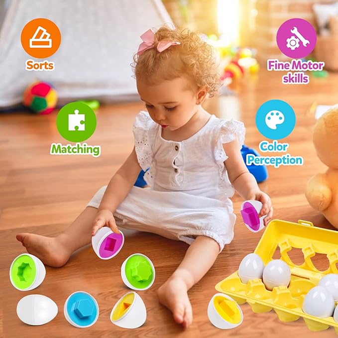 Montessori Geometric Eggs,12 pcs Set Color & Shape Egg Puzzle Toys Matching Eggs for Toddlers,Preschool Educational Sorting Game Fine Motor Toy Gifts for 1 2 3 Years Old Kids Boys Girls