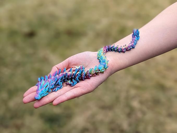 12" Articulated Gem Stone Dragon - New 2024 Ver - Multi Color 3D Printed Plastic Dragon Figure - Rainbow Pearlescent Colors - Interlocked Body Segments and Legs (Medium 12", Cyan Blue Green)