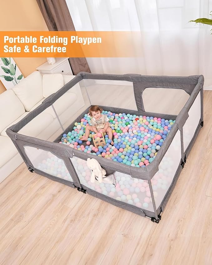 Foldable Baby Playpen with Gate, Extra Large Collapsible Play Yard for Babies & Toddlers, Portable Travel Playpen, Baby Activity Center for Indoor & Outdoor Use (Grey 59"×71")