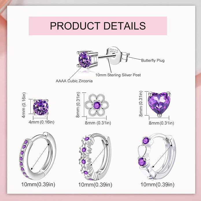 6 Pairs Huggie Hoop Earrings 925 Sterling Silver Stud Sets Cute Heart Hoops Tiny Cubic Zirconia Flower Stud Small Hypoallergenic Cartilage Sleeper Earrings