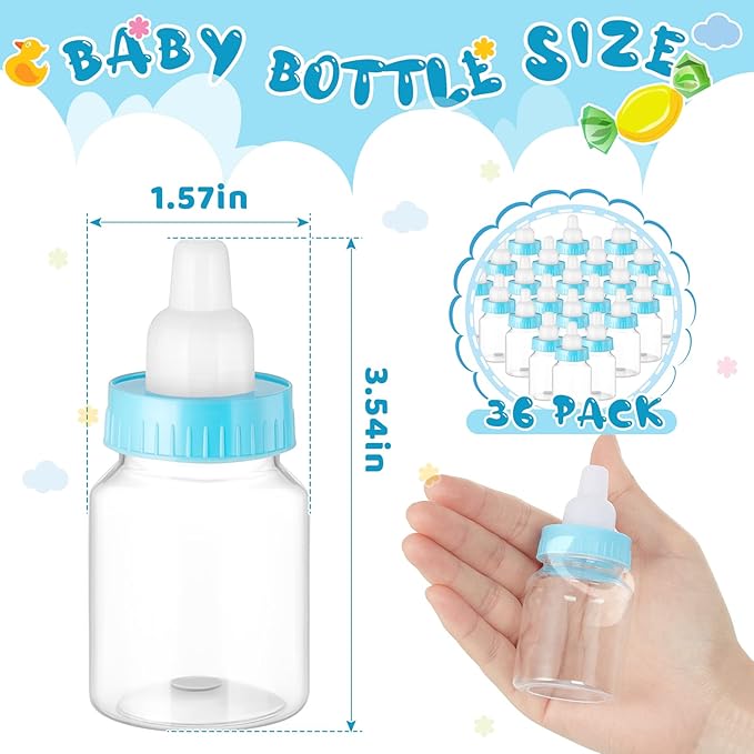 36 Pcs 3.5 Inch Baby Bottle Shower Favor Mini Plastic Candy Bottle Clear Bottles for Baby Shower Mini Feeding Candy Box for Party Favor Gift Decor(Blue)