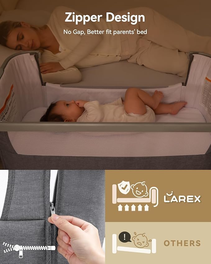 Larex 3 in 1 Baby Bassinet Bedside Sleeper, Breathable Mesh Safe Bedside Bassinet for Baby, Easy Assemble and Folding Portable Bassinet, 5 Height Adjustable Bedside Crib with Storage Basket. (Grey)
