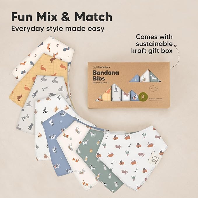 8-Pack Organic Baby Bandana Bibs for Boys, Girls - Super Absorbent Triangle Baby Bibs for Drooling and Teething Infant, Dog Bandanas, 100% Cotton Extra Soft, Newborn, Infant 0-36 Months (Pets & Paws)