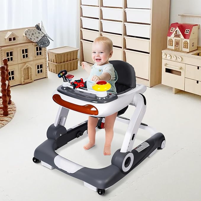 Kinder King Baby Walker with Music & Lights, 5 in 1 Baby Bouncer Activity Walker, Adjustable Height & Seat, Learning-Seated & Toddler Walk-Behind, Safety Bumper, Infant Walker Anti-Rollover, Grey