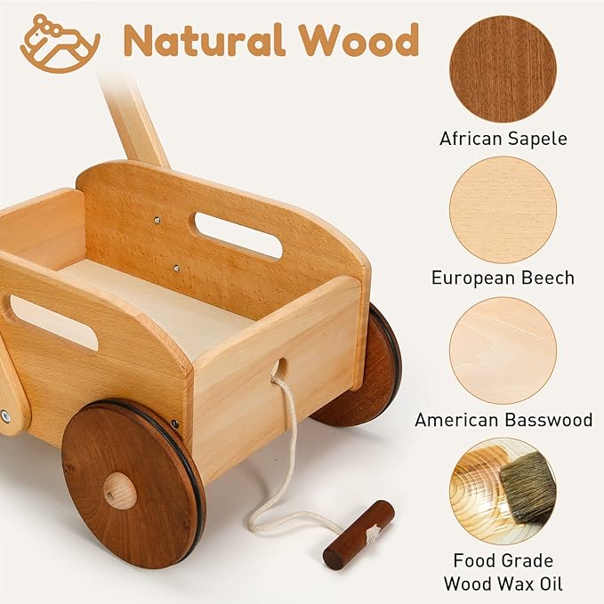 Wooden Baby Walker, Adjustable Speed Baby Push Walker, Montessori Push Toys for Babies Learning to Walk, Educational Walking Toys Gift for Toddler Boys Girls 1 2 3 Years Old