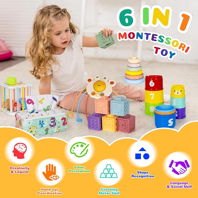 6 in 1 Montessori Toys for Babies 6–12 Months Stacking Block Soft Infant Ring Shape Learning Sensory Bin Pull String Teething Toy Tissue Box for Toddlers 1 2 3 Year Old Boy Girl Gift