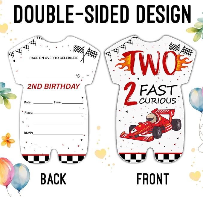 LyoGao Race Car Two Fast Baby Shower Invitations - Racing Car 2nd Birthday Party Fill in Invites Cards With Envelopes (20 Pack)