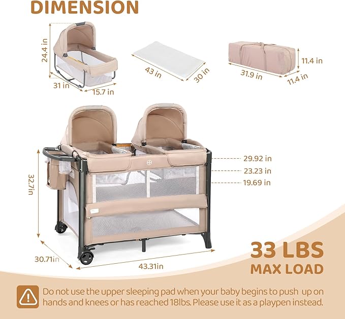 JOYMOR Twin Bassinet for Baby, Beige Bedside Bassinet, Convertible to Bedside Sleeper and Playpen, with Wheel, Brake, Foldable Side Sleeper,Beige
