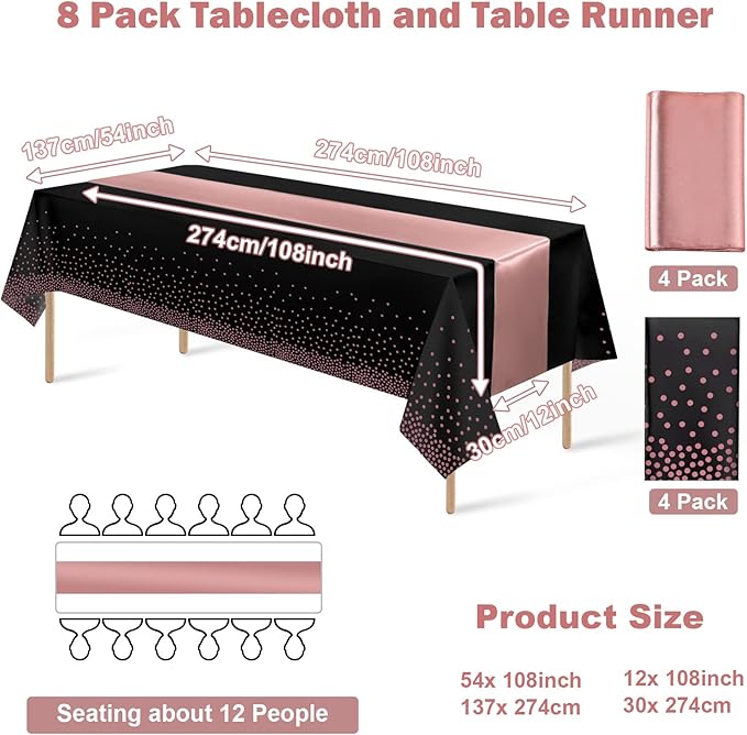 8Pack Disposable Plastic Tablecloths and Satin Table Runner Set Black and Rose Gold Dot Tablecloth Gold Satin Table Runner for Wedding Birthday Baby Shower Anniversary Christmas New Year Party Supply