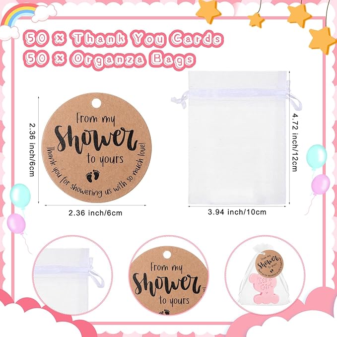 50 Sets Baby Shower Soap Favors for Guests Boy Girl Mini Handmade Scented Soaps with Thank You Tags and Organza Bags for Shower Gender Reveal Party Favors(It's A Girl,Pink Bear)