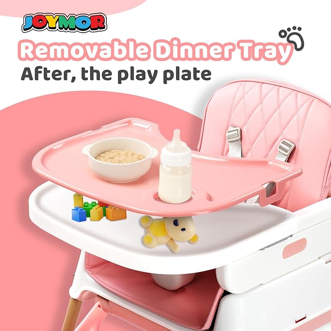 JOYMOR 5 in 1 Baby High Chair for Babies and Toddlers, Portable Highchair Fold Compact, ConvertibleBaby Feeding Chair Booster for Eating with Detachable Double Tray, 5 Point Harness (Pink)