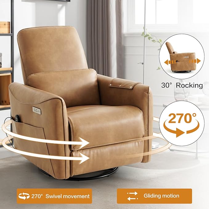 Genuine Leather Modern Electric Swivel Glider Power Recliner Chair with USB and Type-C Ports for Living Room, Power Lift Function, Brown