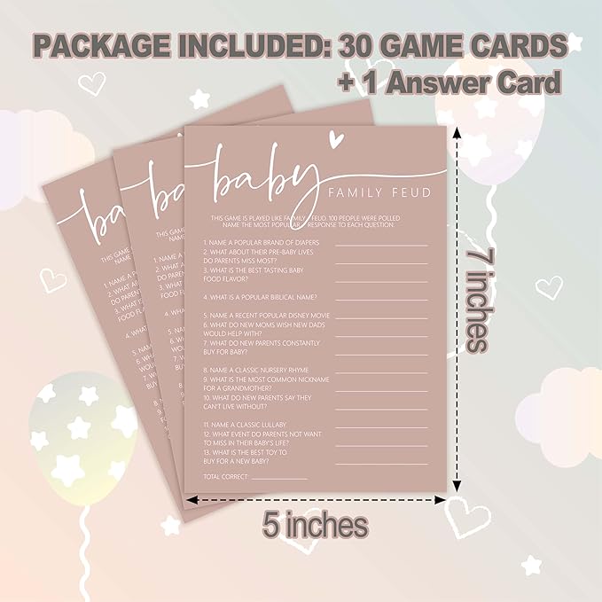 Baby Shower Games - Pink Family Feud Game Cards + Answer Cards, 30 Sets Gender Reveal Party Decorations - F06