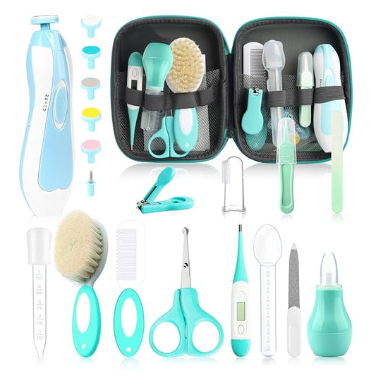 Baby Grooming Kit, Electric Safety Nail Trimmer Baby Nursery Kit,Infant Safety Care Set with Hair Brush Comb Nail Clipper Nasal Aspirator,Baby Essentials Kit for Newborn Girls Boys (20 Pc Green Kit)