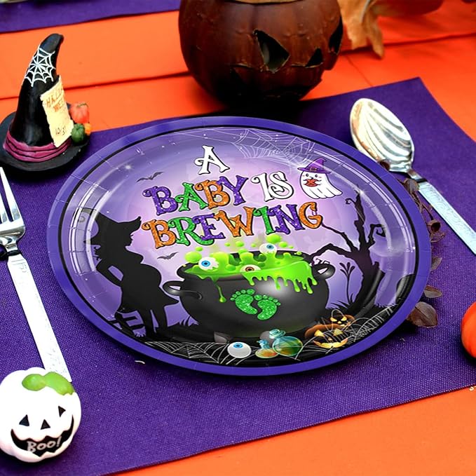 Halloween Baby Shower Decorations-142pcs A Baby is Brewing Halloween Tableware Include Plates, Napkins, Cups, Banner and Tablecloth for Boy Girl Gender Reveal Party Supplies