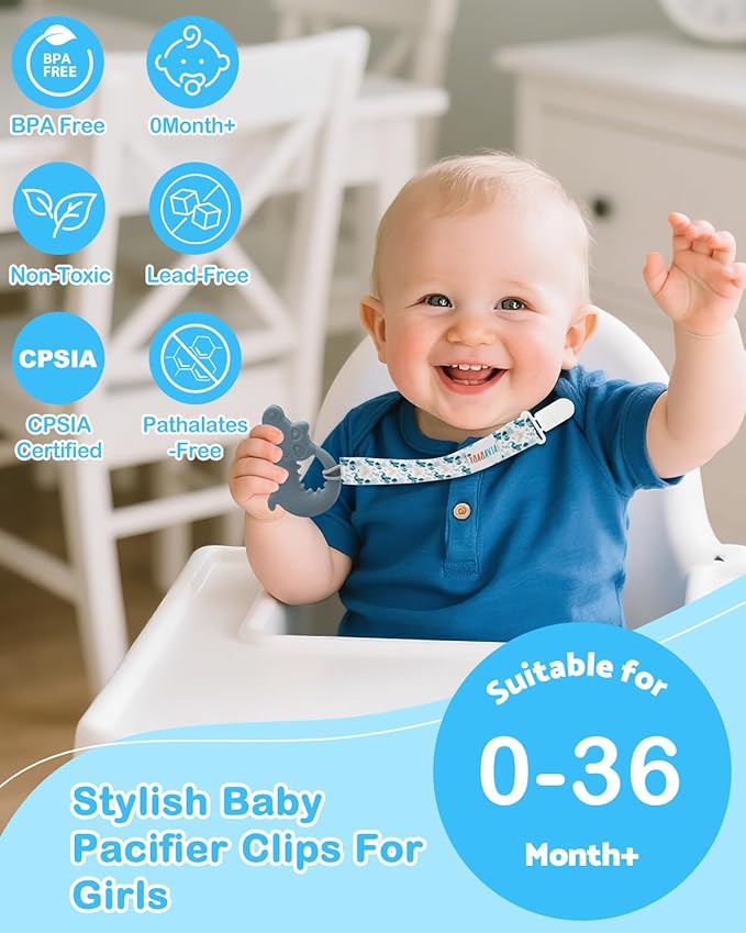 ALVABABY Baby Pacifier Clip Holder Leashes Baby 6 Pack Paci Clips Binky for Boys Girls Dinosaur Koala 6DP02A