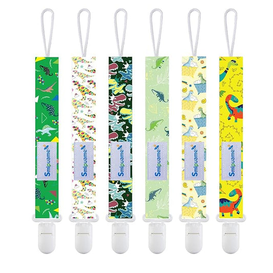 Smlpuame Baby Pacifier Clip for Boys Girl,6 Pack Stylish Binky Clips Strap,Paci Holder with Clips Universal Lightweight Fits Most Pacifiers Teeher Toy Teething Ring Soothie,Baby Gifts(Dinosaur)