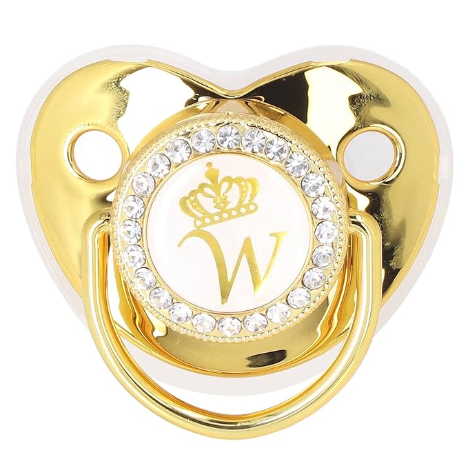 Golden Letter Personalized Baby Pacifier with Bling Design, Clips, Anti-Dust Cover for Newborn Photography, White