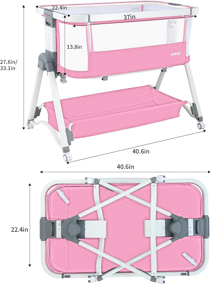 JMMD Baby Bassinet Bedside Sleeper, 3 in1 Baby Bassinet with 6 Levels Height Adjustable Side Sleeper Foldable and Portable Bedside Sleeper for Baby (Pink)