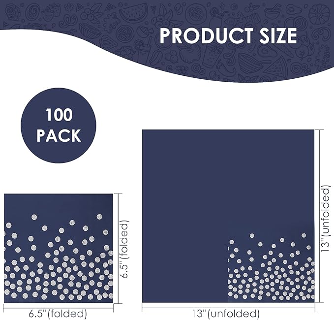 13 x 13 Inches Blue Party Napkins,Blue and Silver Beverage Napkin,100PCS Silver Dot Cocktail Paper Napkins for Birthday Wedding Graduation 2023
