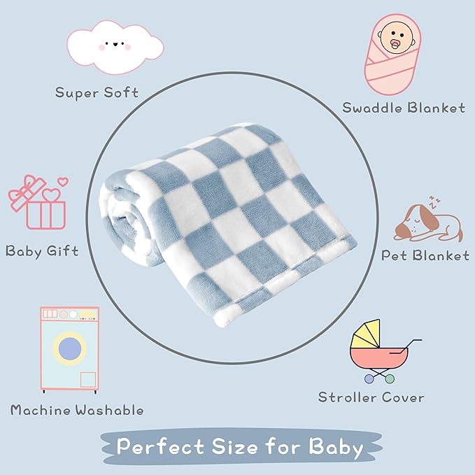 Yurhap Checkered Baby Blanket Fleece Baby Blankets for Boys, Ultra Soft Cozy Fluffy Infant Toddler Newborn Receiving Blankets for Crib Stroller, 30''x40'', Blue